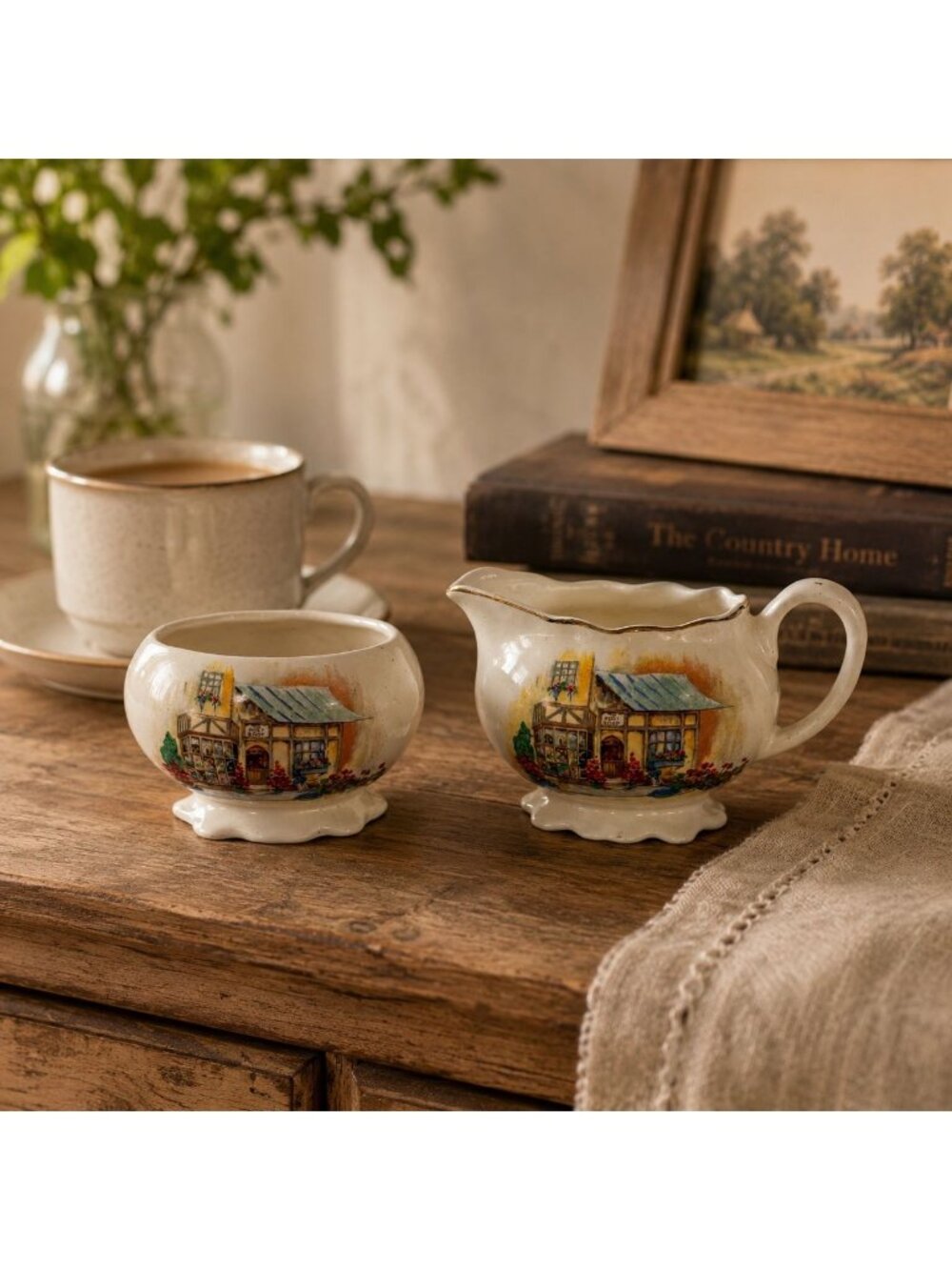 Lancaster Sandland Creamer & Sugar Bowl Set English Ware Cottage Gold Trim VTG